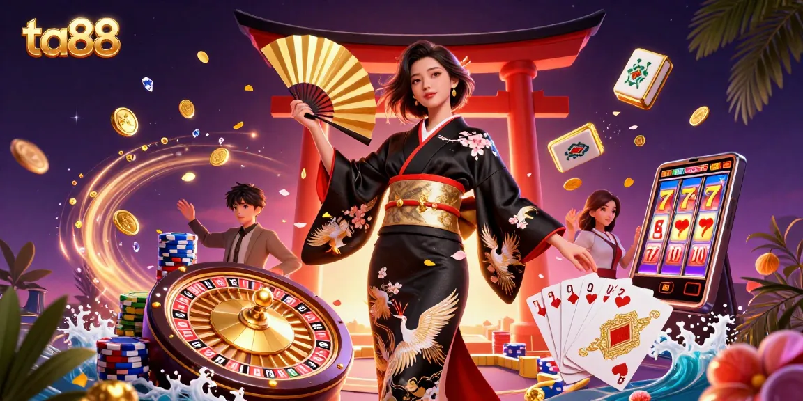 Experience the excitement of ta88 with an elegant casino-themed illustration featuring dynamic gambling elements.