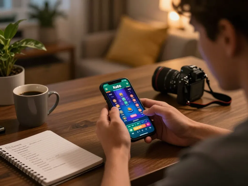Player engrossed in the Ko66 mobile app, showing live casino gameplay on a smartphone