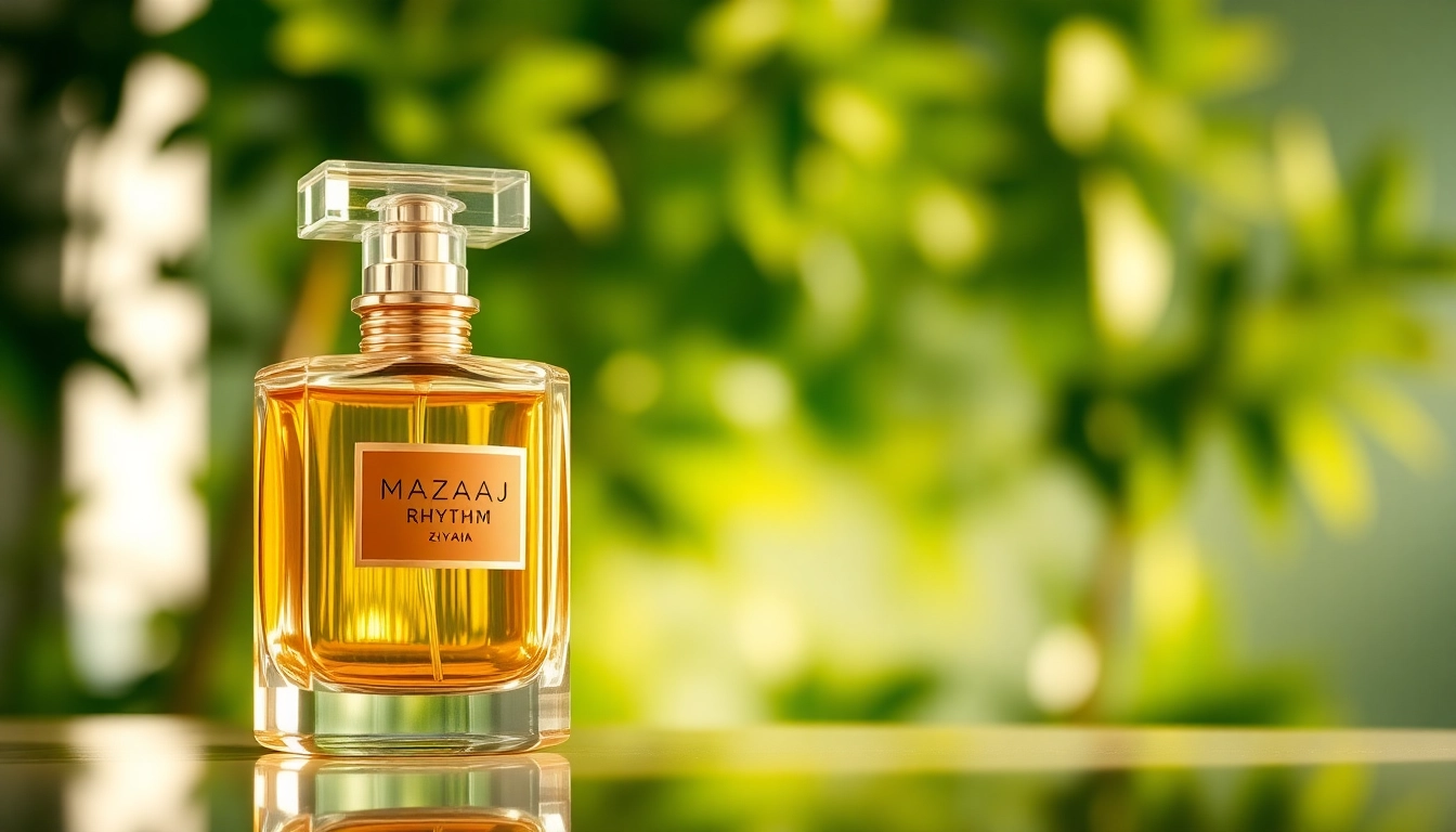 Mazaaj Rhythm by Zimaya in an elegantly designed bottle highlighted against fresh greenery.