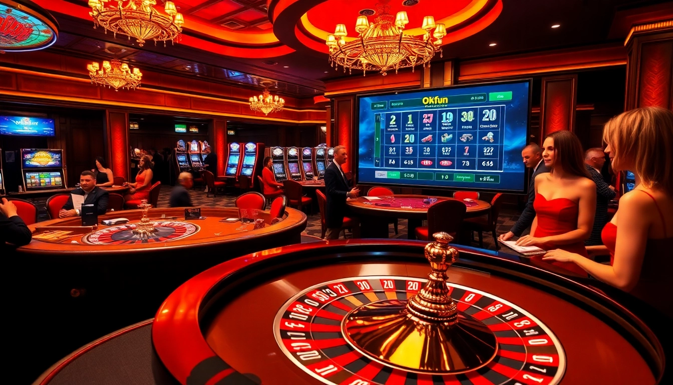 Exciting gambling scene showcasing Okfun's vibrant slot machines and roulette table.