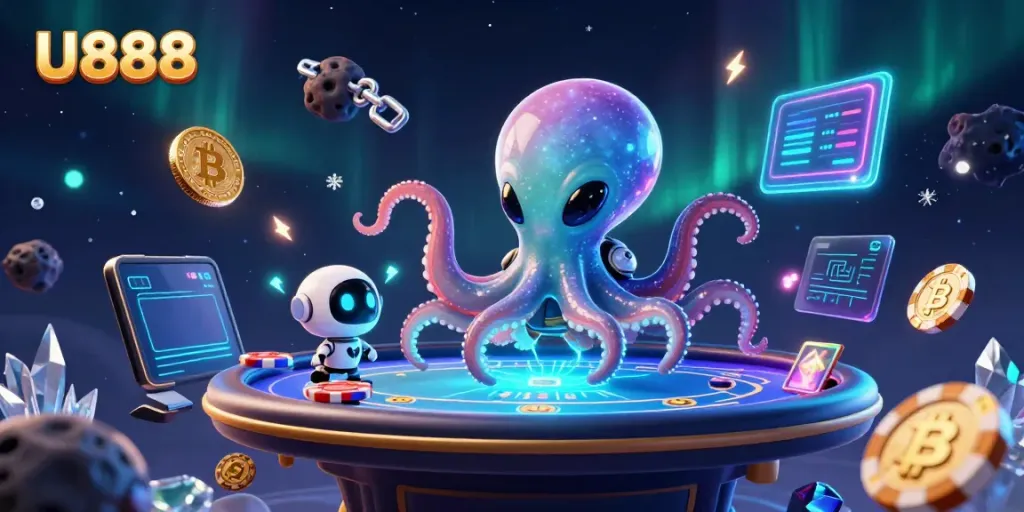 Engage with U888's vibrant alien-themed casino scene featuring an octopus and a tiny robot.