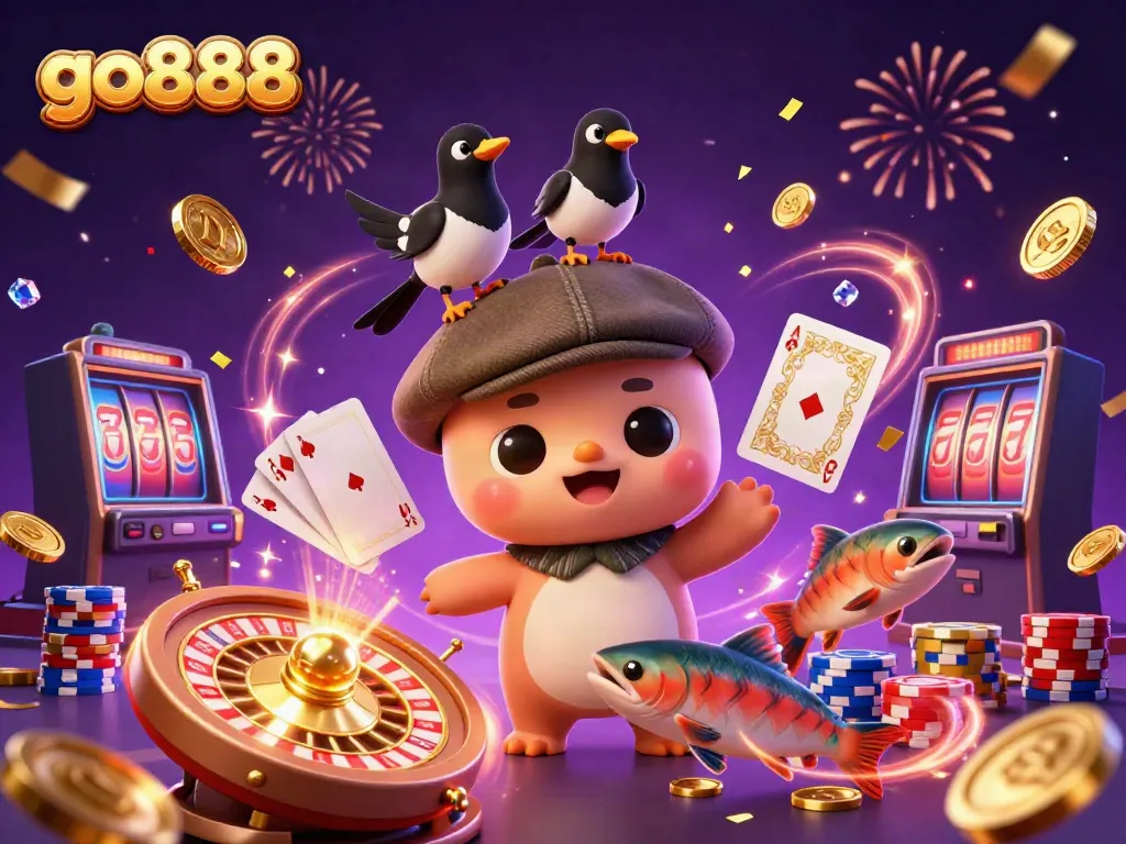 Engage with go888's festive atmosphere featuring cartoon Nessie, gold coins, and vibrant casino elements.