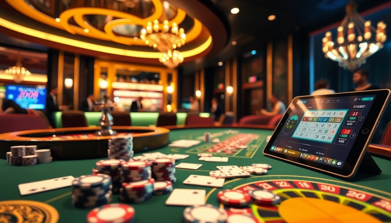 Players enjoying the excitement of xoso66 at a luxury casino table with colorful chips and cards.