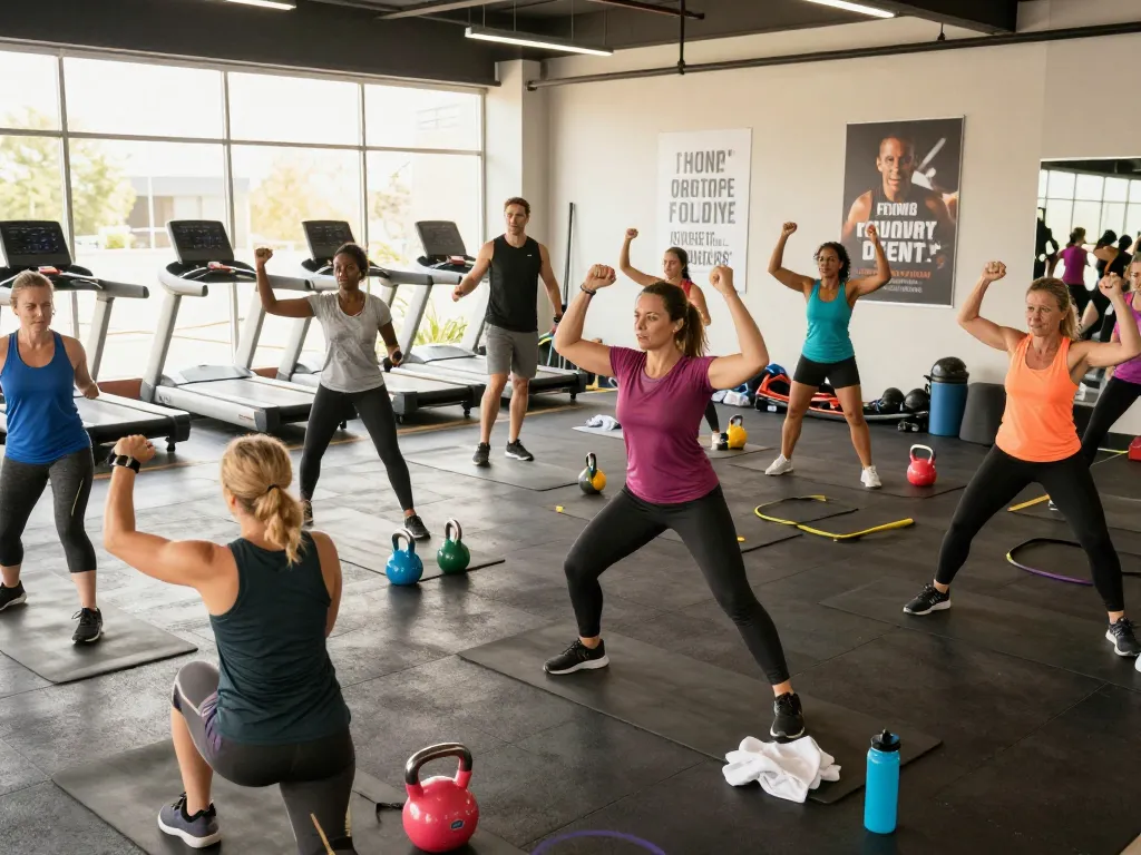 Group of fitness enthusiasts engaging in a workout class using the app hitclub for motivation and community support.