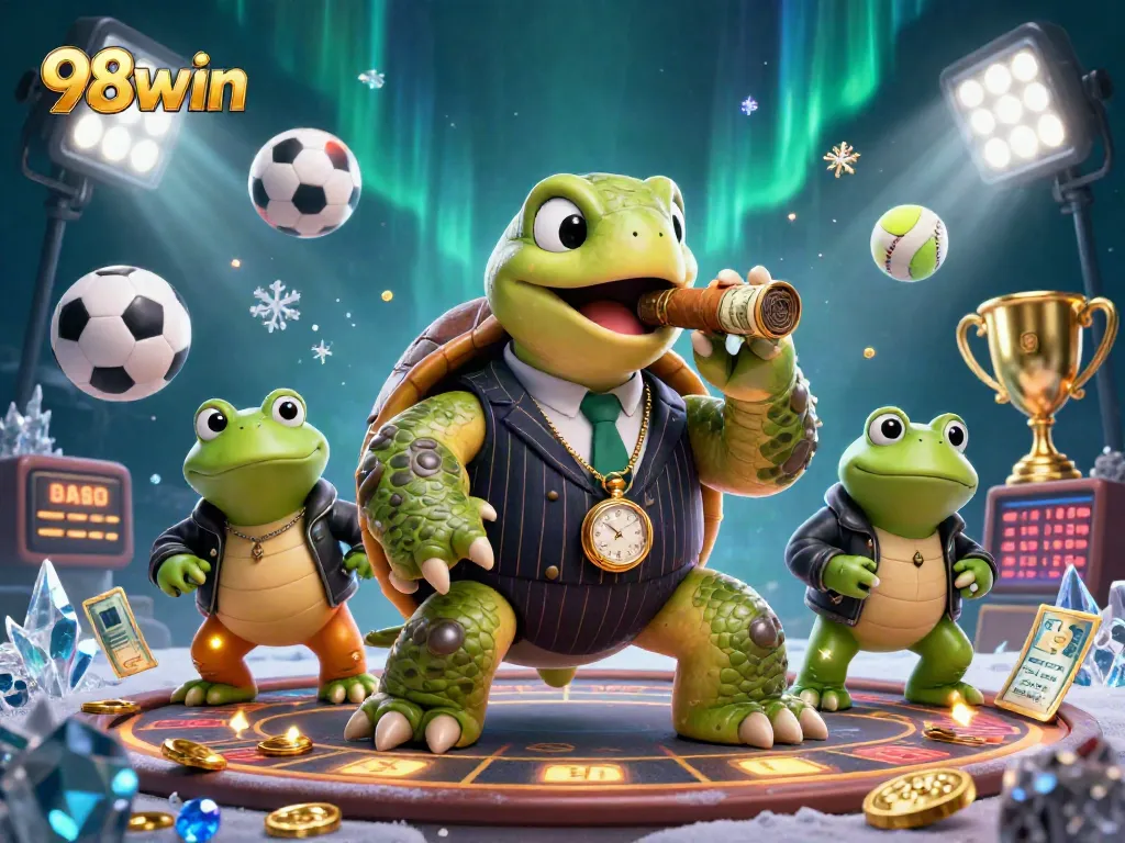 Engage with exciting betting adventures at 98win, featuring vibrant casino-themed characters and elements.