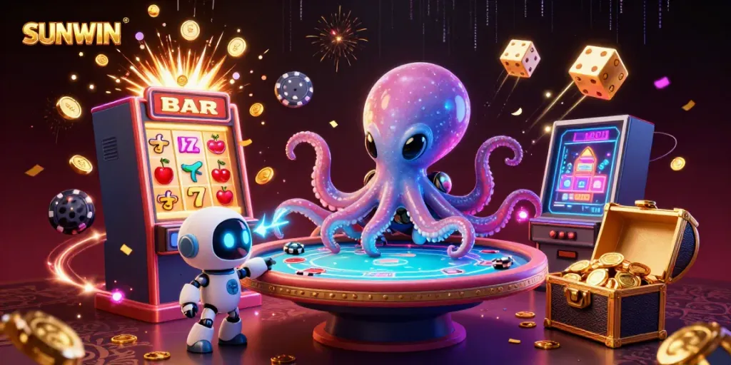 Experience the excitement of SUNWIN with an alien octopus at a holographic poker table amidst a jackpot explosion.