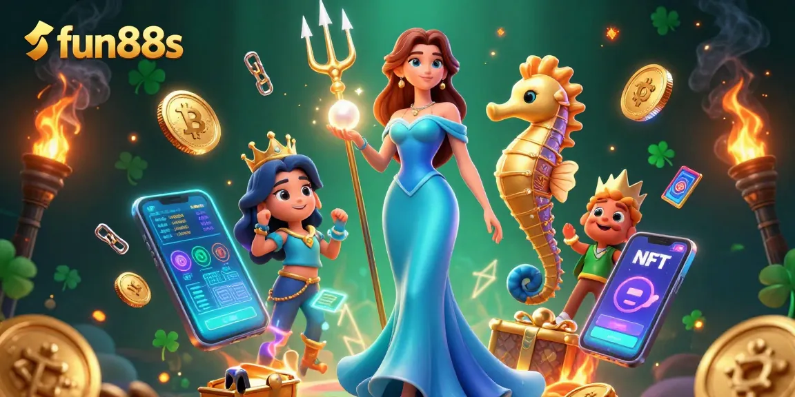 Experience the vibrant fun88s casino world with a 3D illustration of gaming elements and characters.
