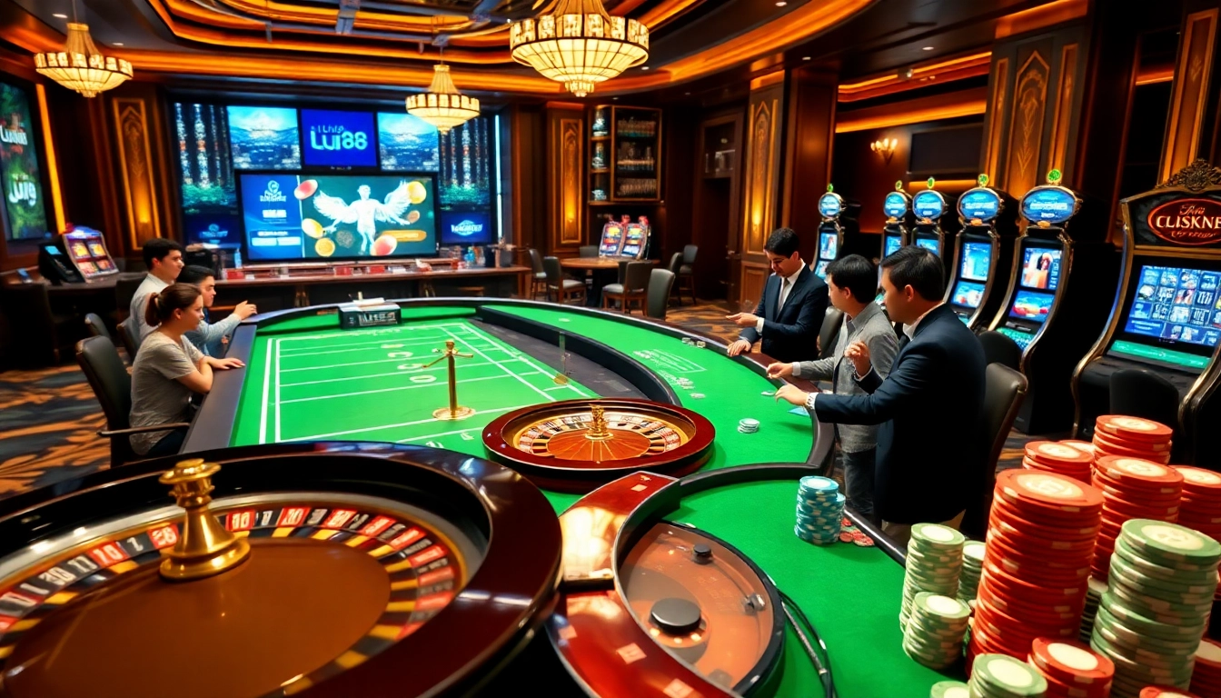 Engaging scene of Nhà cái Lu88 with players excitedly betting at a luxurious casino table.