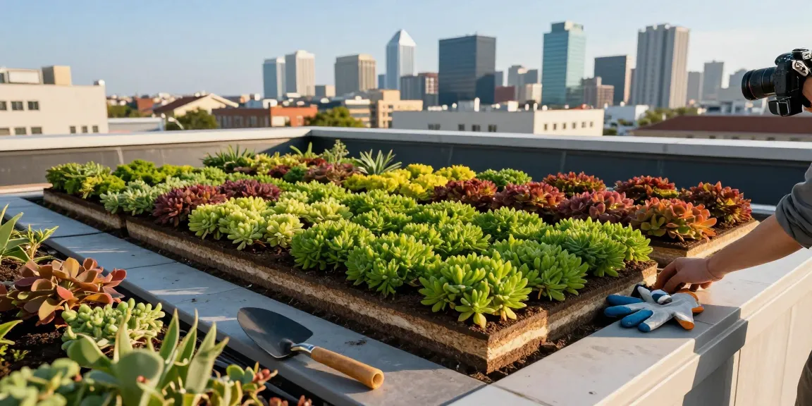 Installatie van een sedumdak met levendige lagen en groene planten op een modern stedelijk dak.