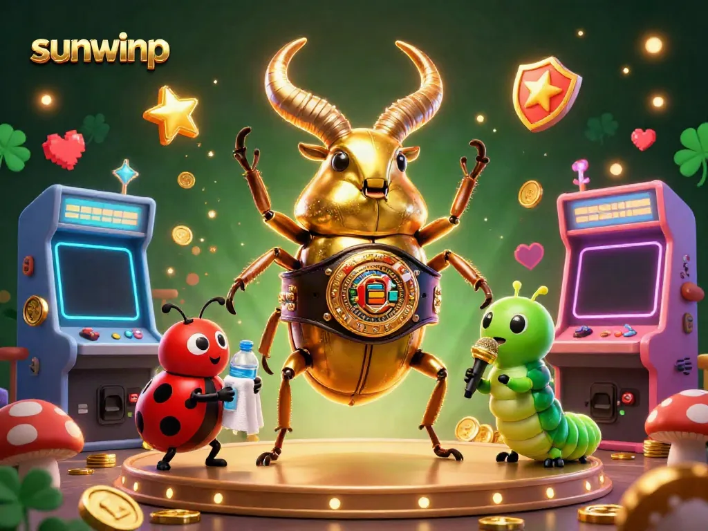 Experience the excitement of sunwinp with a vibrant 3D scene featuring a golden stag beetle and retro arcade games.