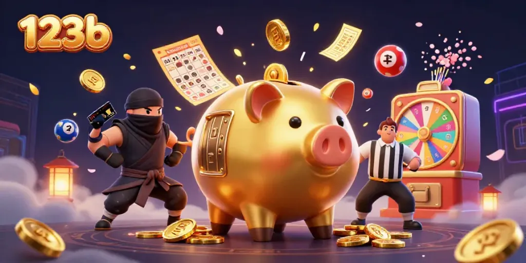 Engage with vibrant 123b gameplay featuring a lively sumo wrestler piggy bank amidst exciting casino elements.