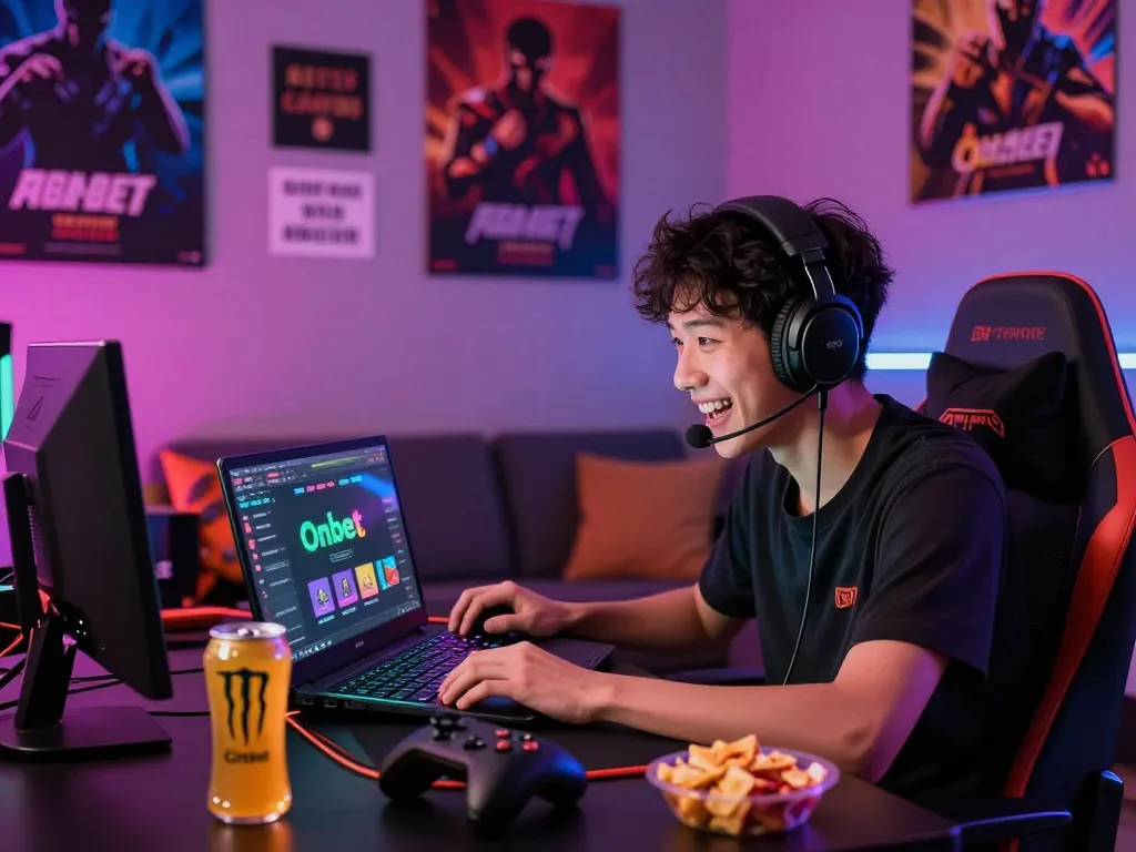 Player enjoying games at nhà cái Onbet with vibrant atmosphere and setup.