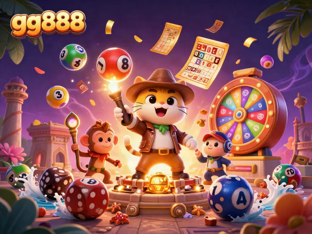 Engage in thrilling adventures at gg888 with vibrant casino elements like lottery balls, prize wheels, and golden artifacts.