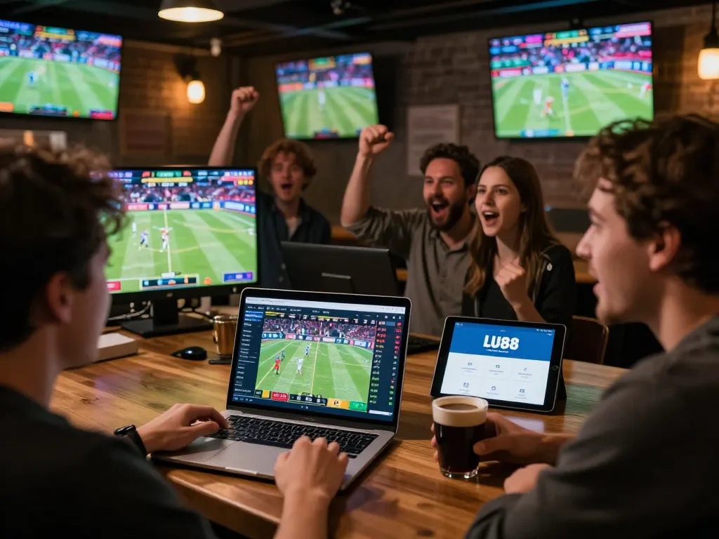 Engaged bettor analyzing sports events on LU88 app in a lively sports bar.