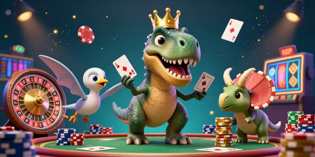 Join the fun at MANCLUB with a T-Rex shuffling cards and gaming excitement all around.