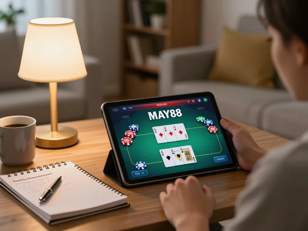 MAY88 user engaged in online casino gaming on tablet with poker interface in cozy living room.