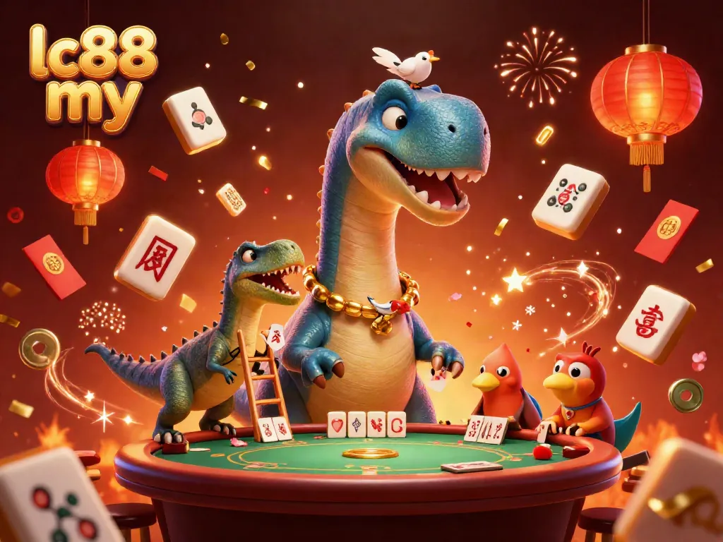 LC88 my depicts fun 3D dinosaurs engaging in gambling activities at a vibrant casino table.