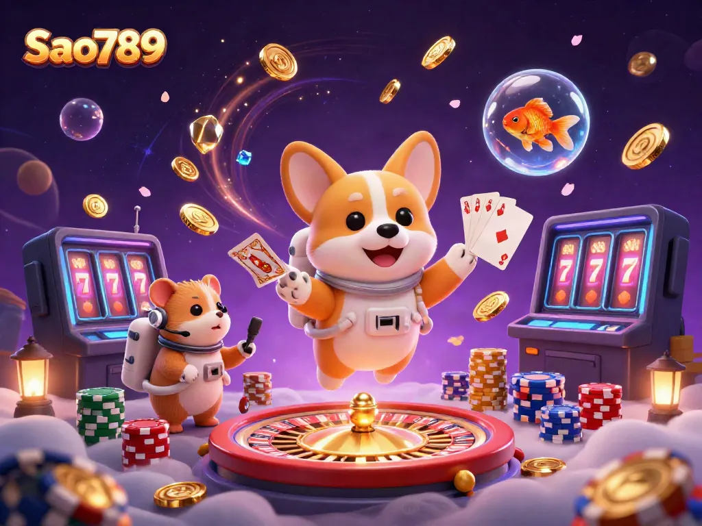 Experience thrilling casino gameplay with Sao789 in a vibrant zero-gravity scene filled with casino elements.