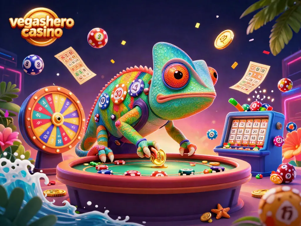 Experience the excitement of vegashero casino with colorful lottery elements and a chameleon mascot.