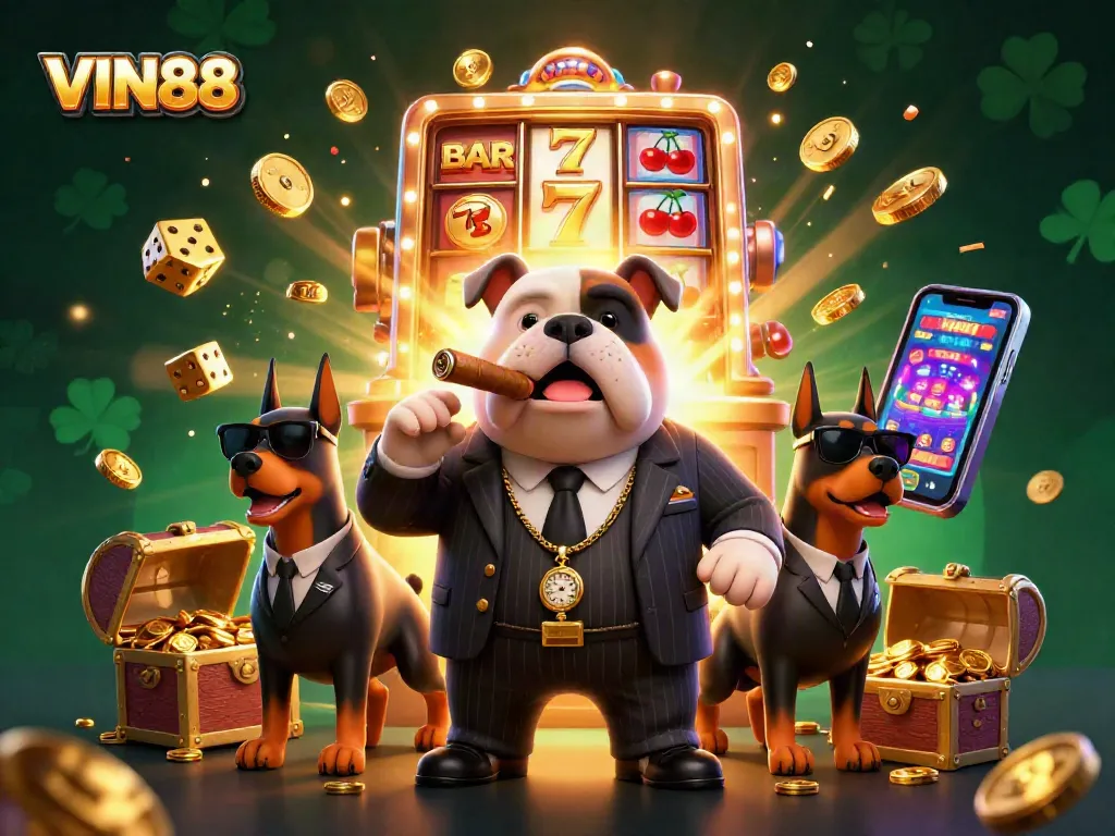Experience the excitement at VIN88 with a thrilling jackpot scene featuring a bulldog mafia boss and casino elements.