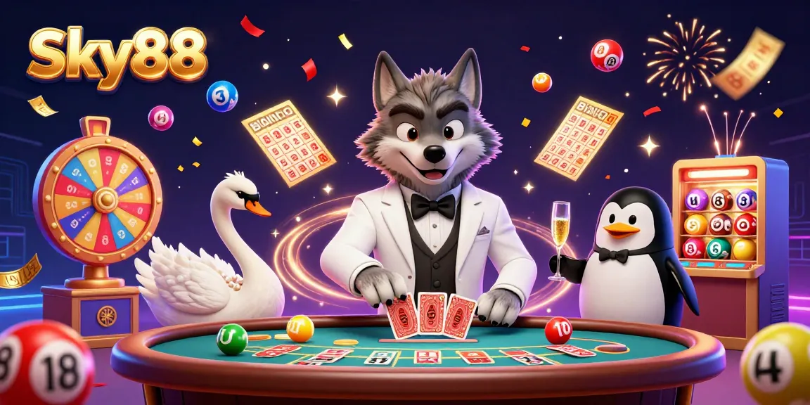 Engage with the excitement of Sky88 as a debonair wolf plays at baccarat, surrounded by vibrant casino elements.