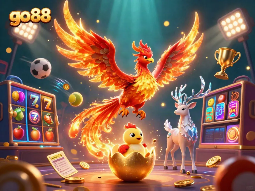 Experience the thrill of go88 casino games with a stunning 3D illustration featuring a phoenix and gaming elements.
