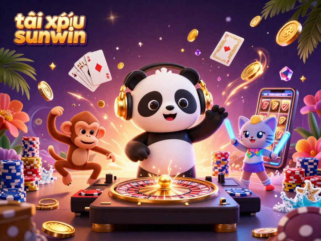 Spin the exhilarating action of tài xỉu sunwin with vibrant characters and dynamic casino elements in a lively scene.