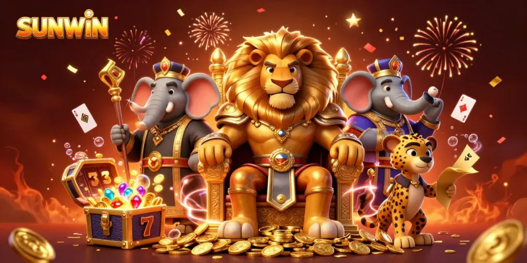 SUNWIN showcases lively characters and gambling elements in a vibrant casino-themed digital art scene.