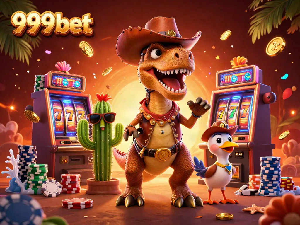 Experience the thrill of 999bet with a lively casino scene of a cowboy dinosaur, cactus sidekick, and roadrunner!