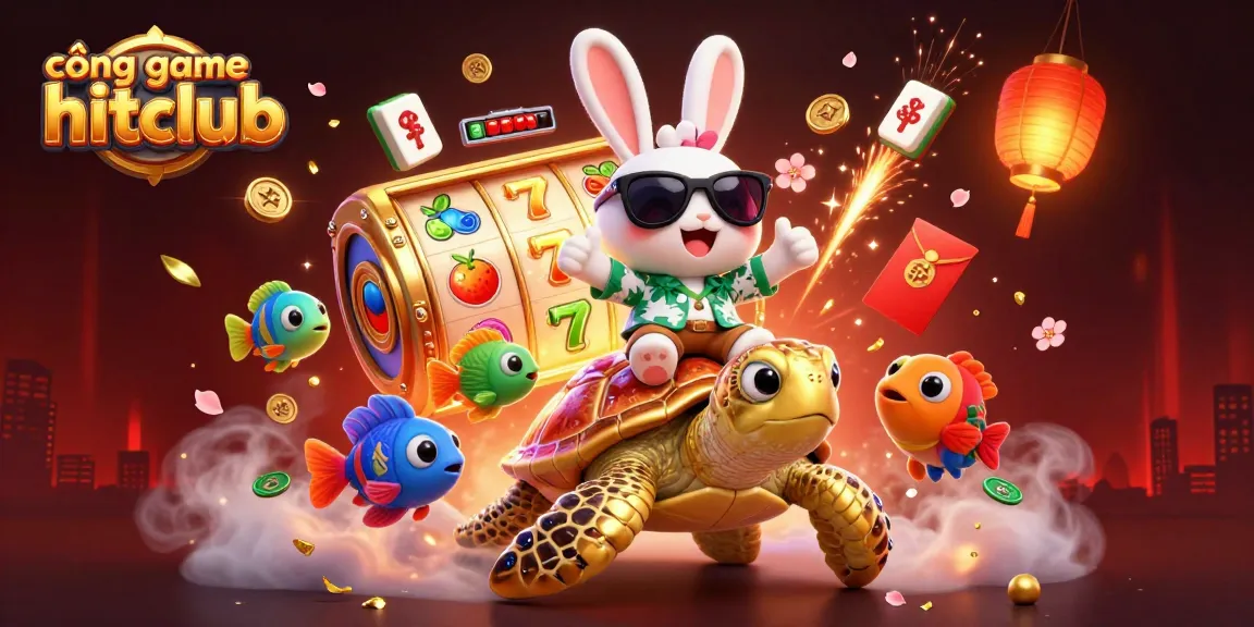 Cổng game hitclub showcasing vibrant slot reels and cheerful characters celebrating big wins in a 3D cartoon scene