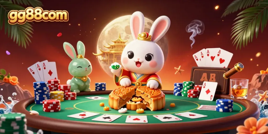 Join the thrilling action at gg88com, featuring a festive lunar casino scene with poker chips and vibrant characters.