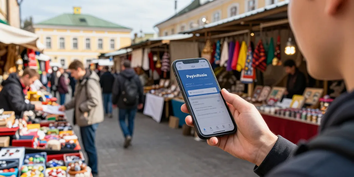 Een toerist die in Rusland betaalt met de PayInRussia-app in een levendige markt.