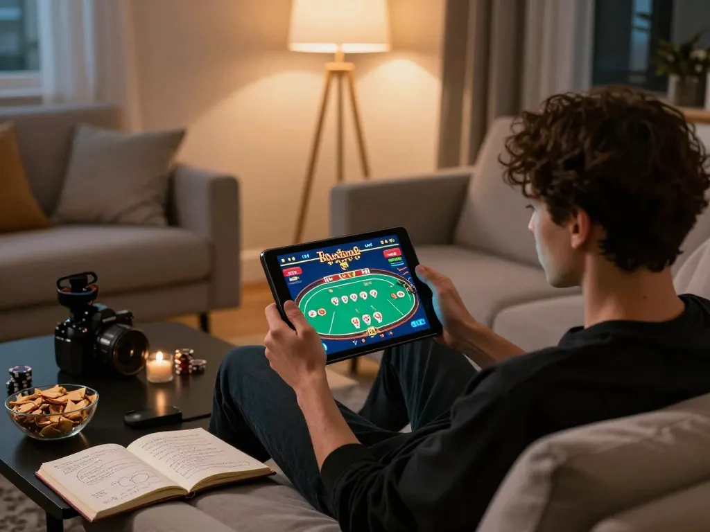 Engaging online gaming session on red88de, person playing poker with tablet in cozy living room
