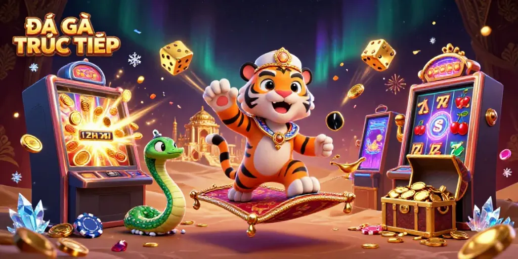 Experience ĐÁ GÀ TRỰC TIẾP through a vibrant 3D casino scene featuring a tiger sultan, slot machines, and magical elements.