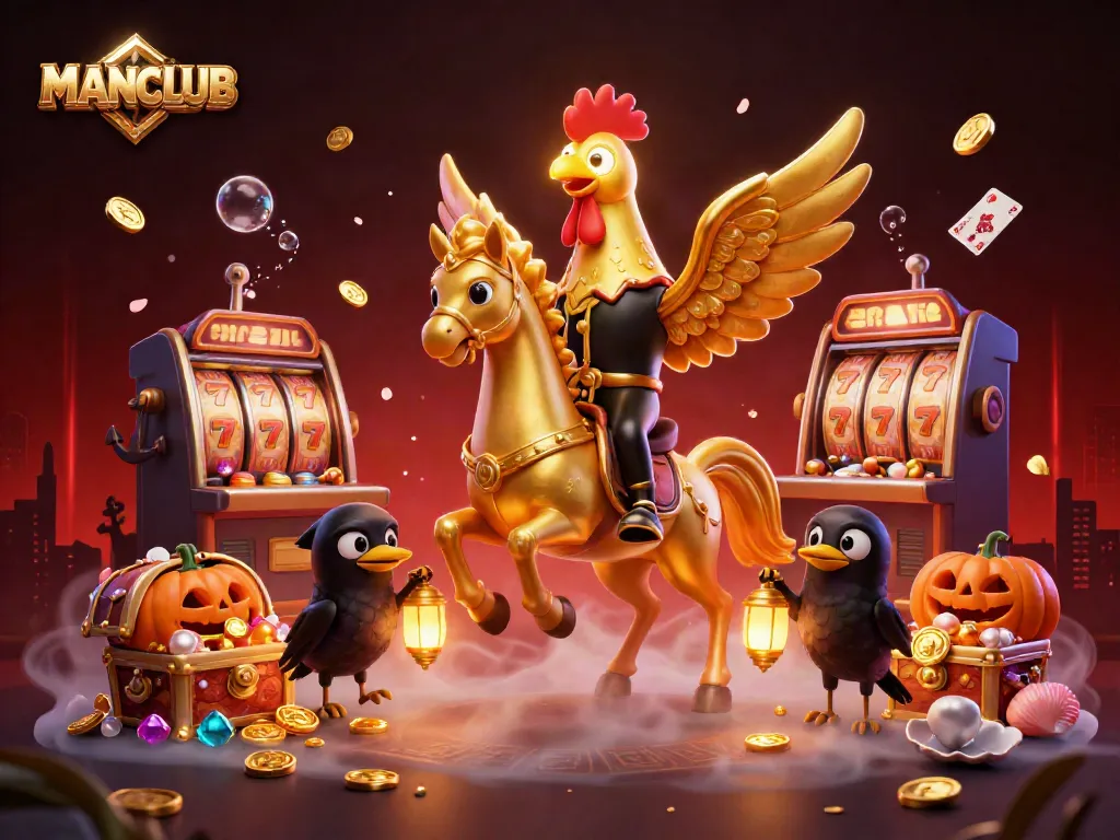 Experience MANCLUB's vibrant casino adventure with golden rooster characters and thrilling slot machines.