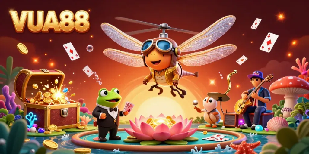 Experience gambling thrills with VUA88 in a vibrant 3D scene featuring whimsical characters and dynamic casino elements.