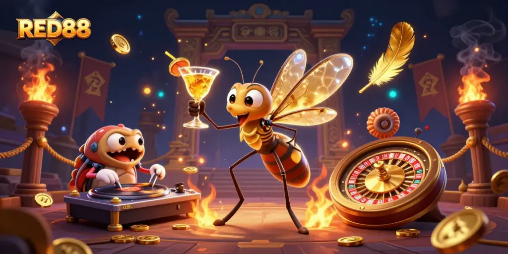 Experience excitement at RED88 with a vibrant casino scene featuring unique characters and dynamic gaming elements.
