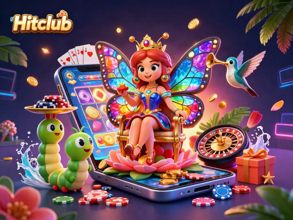 Spin the reels and win at Hitclub with this vibrant casino illustration featuring a butterfly queen.