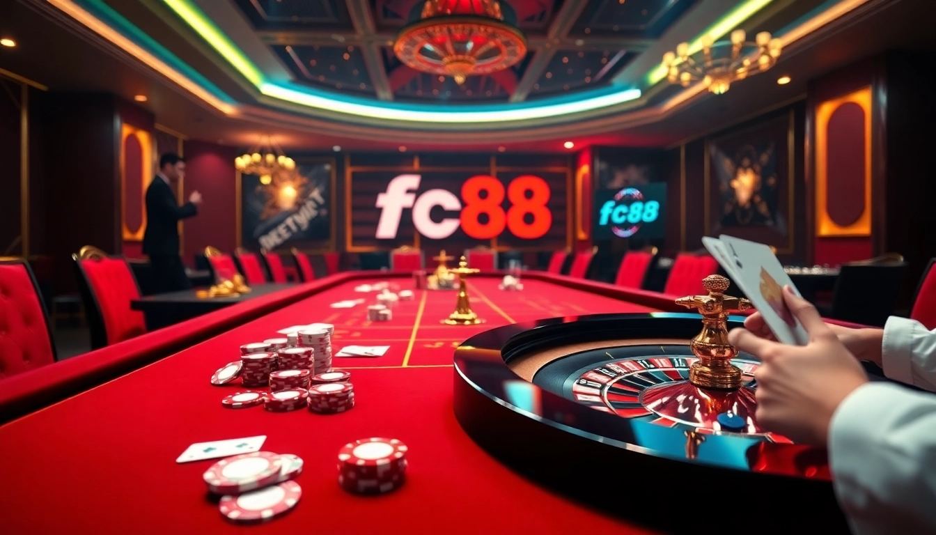 Experience the excitement of fc88 trang chủ with vibrant casino visuals, featuring dynamic poker and roulette action.