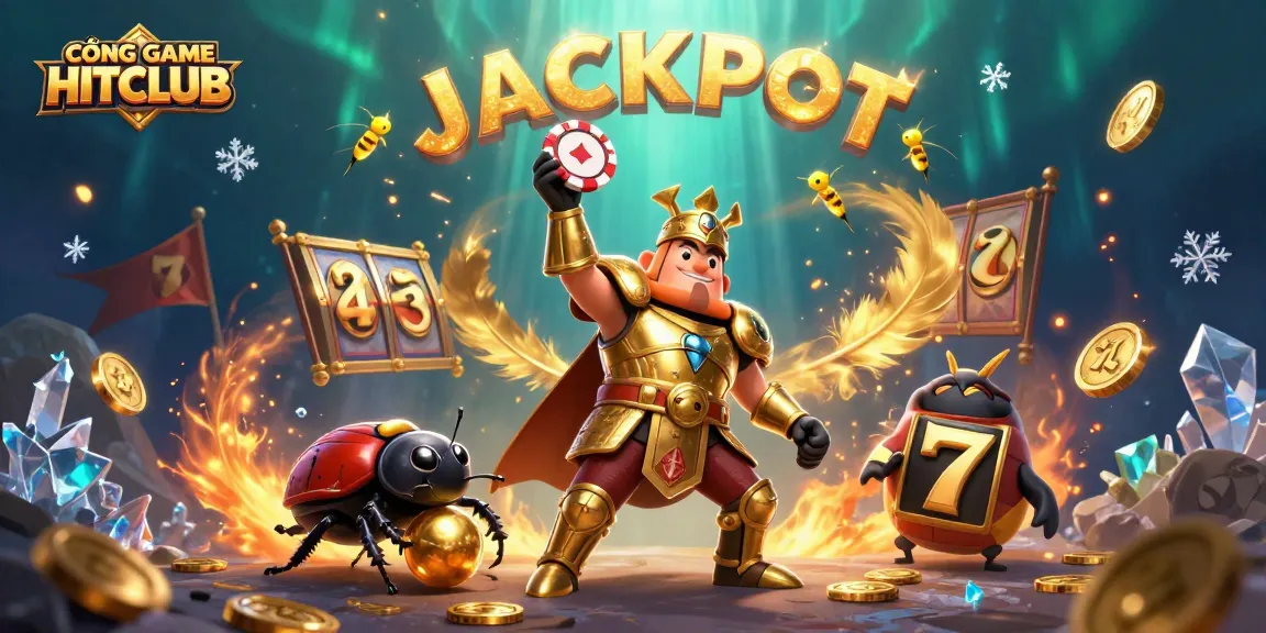 CỔNG GAME HITCLUB showcases a jubilant beetle lifting a poker chip, surrounded by dynamic casino elements.