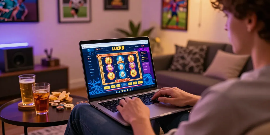 Player enjoying online betting experience on LUCK8 platform at home, colorful game graphics visible.