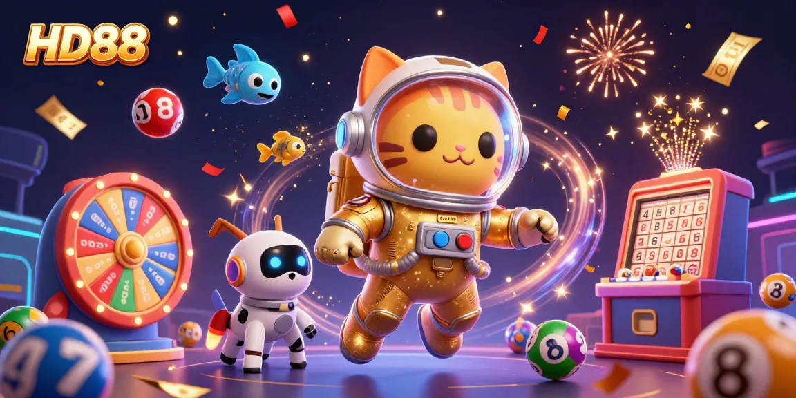 Experience gaming excitement with HD88, featuring a space astronaut cat, robot dog, and vibrant lottery elements.