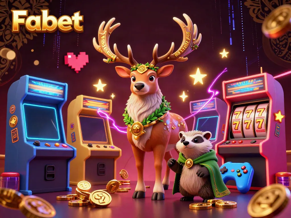 Experience thrilling gaming with Fabet's vibrant 3D illustration featuring a Celtic druid, a wise badger, and gaming elements.