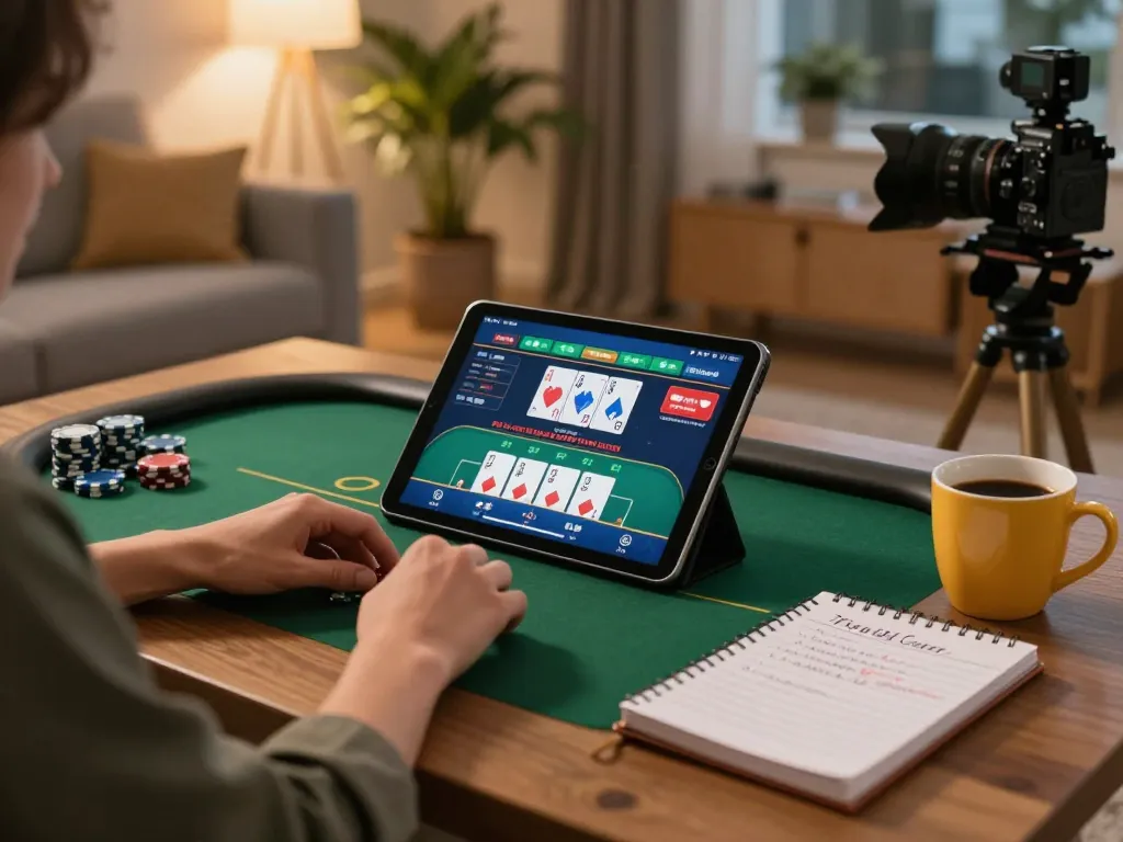 Engaging in online gaming at hit-club with tablet showing poker gameplay and strategy notes