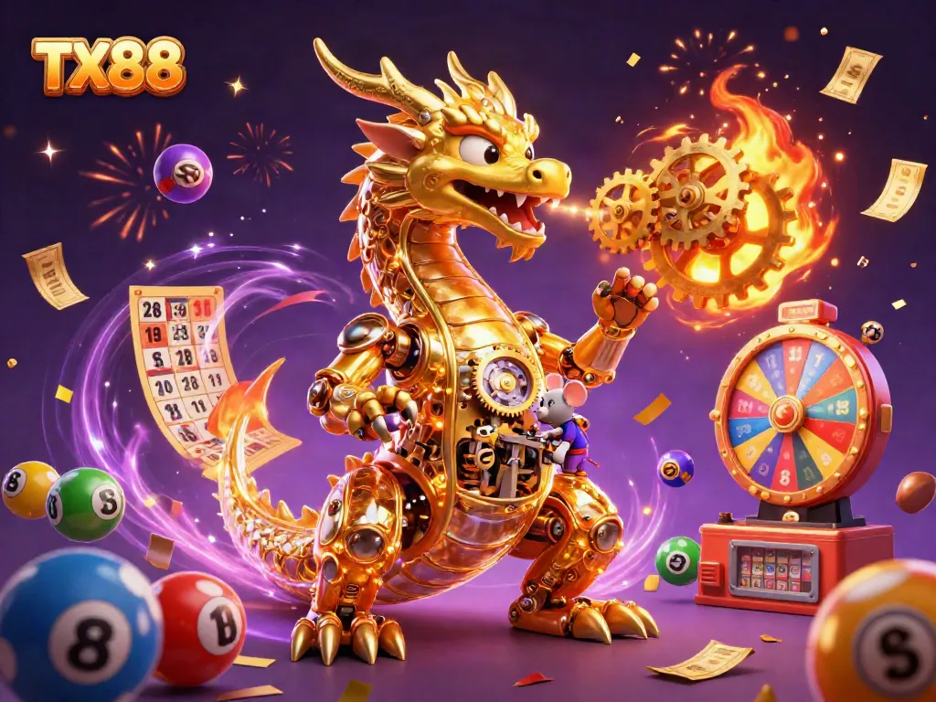 Experience excitement at TX88 with a biomechanical dragon and vibrant casino elements in this 3D illustration.