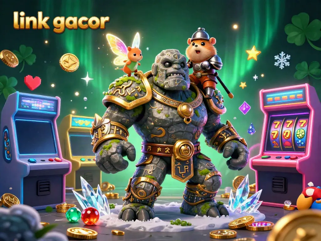 Experience the thrill with link gacor as a golem guardian, fairy, and hamster knight celebrate big wins in a vibrant casino world.