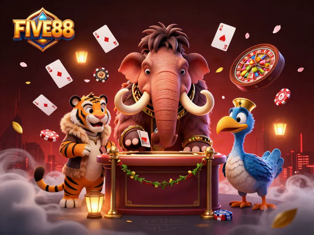FIVE88 showcases vibrant casino excitement featuring a woolly mammoth bouncer and a saber-tooth tiger VIP