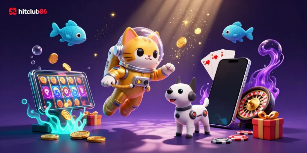 Engage with hitclub86's vibrant casino adventure illustrated in 3D, featuring a space astronaut cat and gaming elements.