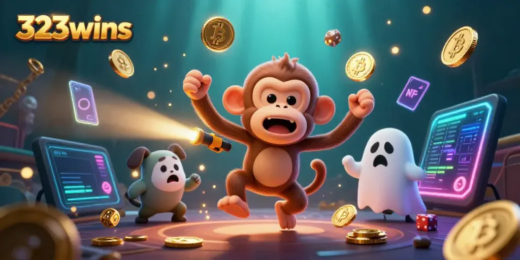 Engage with 323wins' thrilling gaming atmosphere featuring a playful ghost and puppy in a haunted casino.