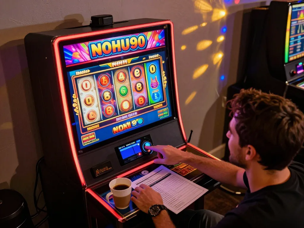 Player engaging with NOHU90's slot machines, spinning for potential wins in a cozy home.